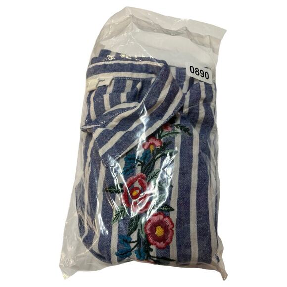 Beach Lunch Lounge Dress Womens L Linen Striped Shirt Embroidered Floral Blue - Picture 12 of 12